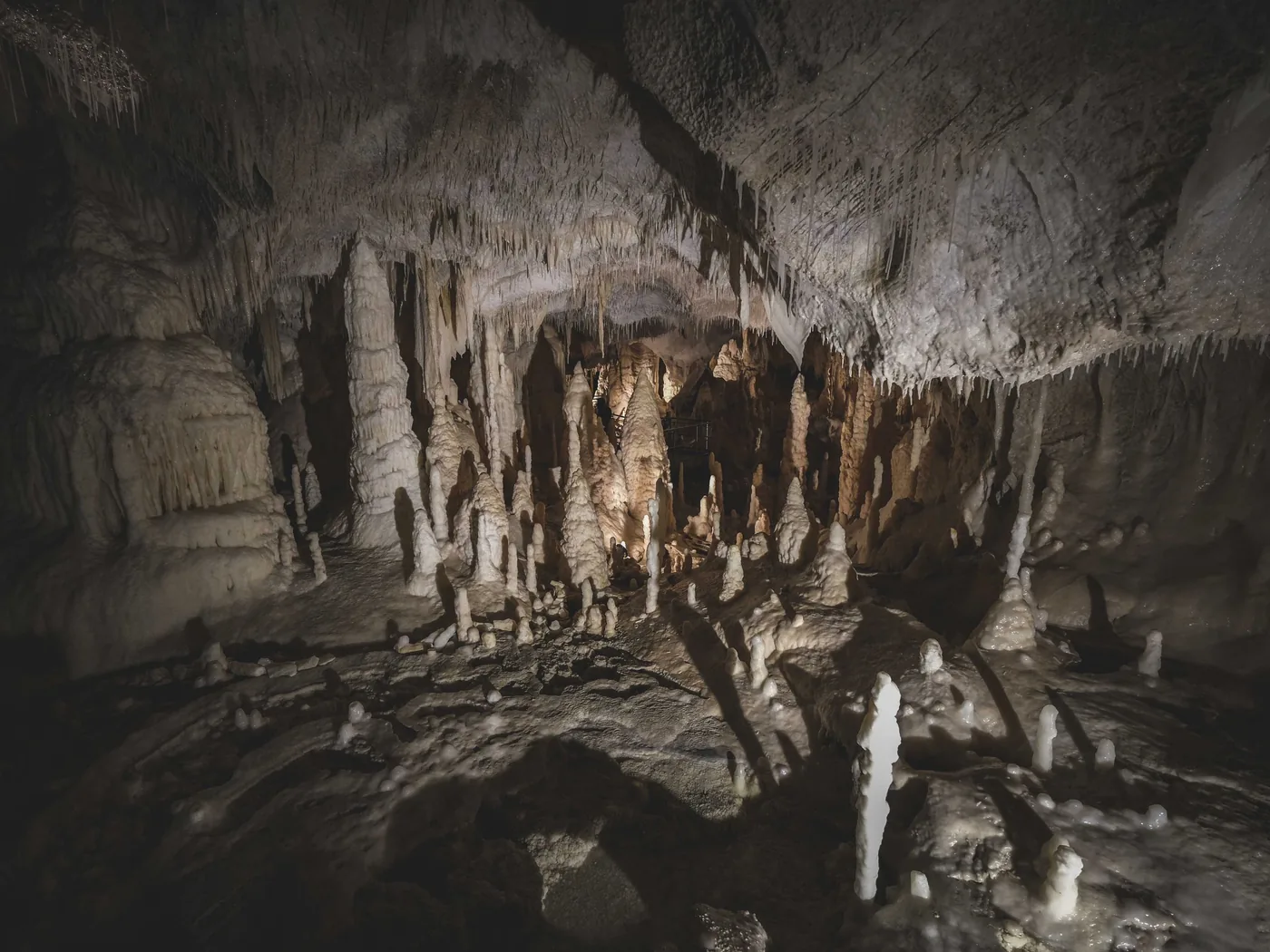 Stalattiti e stalagmiti illuminate all'interno di una sala di Phong Nha Cave