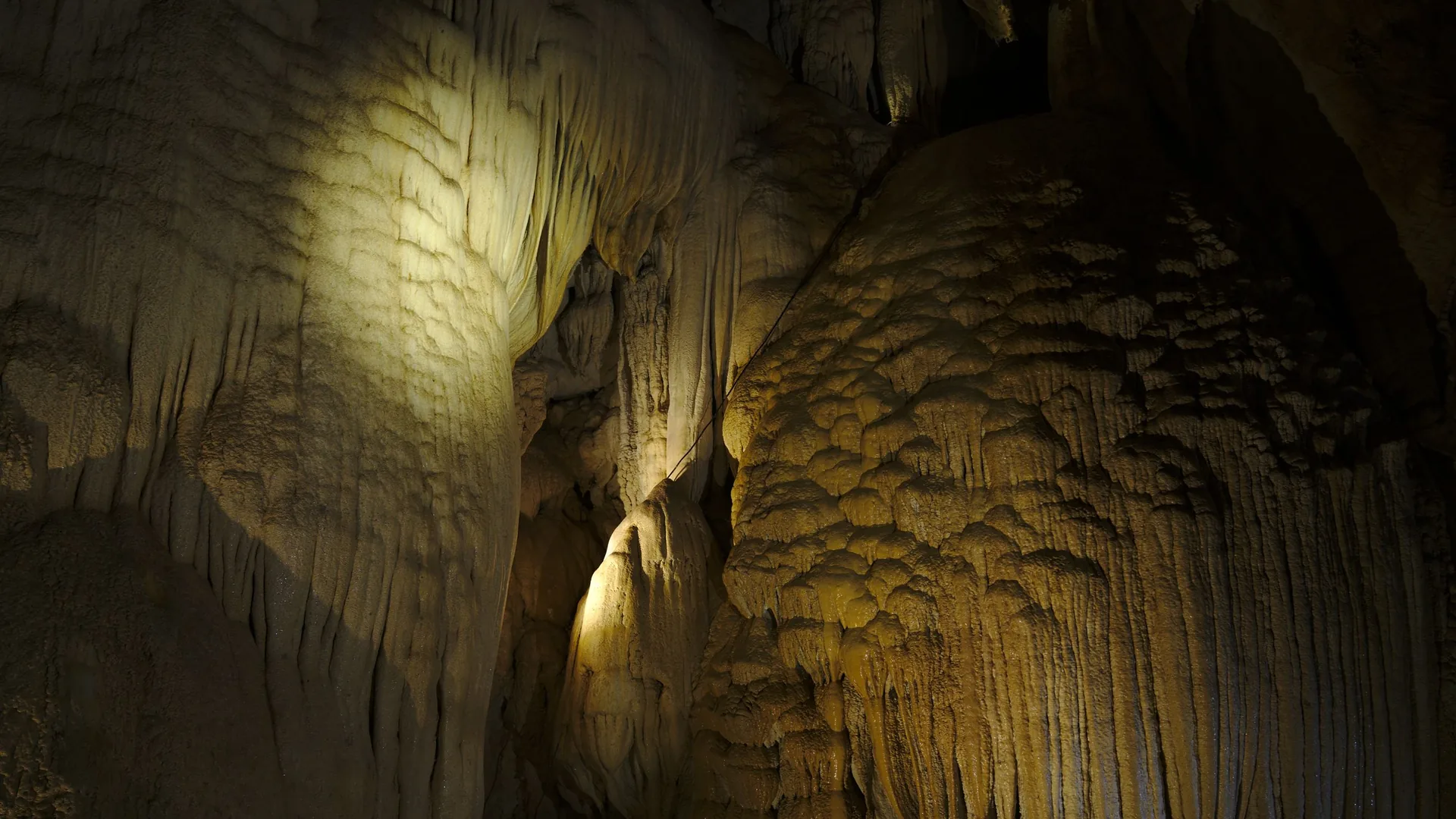 Una barca di legno che scivola nella caverna fluviale illuminata della Grotta di Phong Nha, in Vietnam